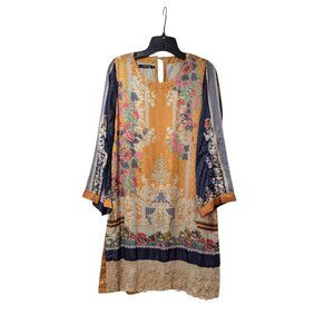 Khaadi Multicolored Floral Silky Lace Hem Round Neck Flared Slit Sleeve Tunic 10